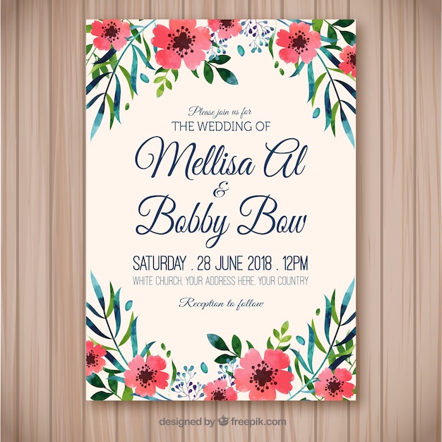 Free vector pretty watercolor floral wedding invitation