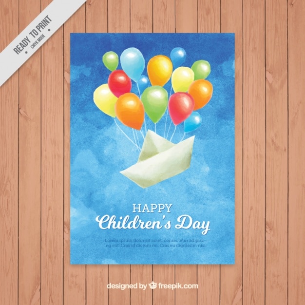 Pretty watercolor greeting children's day of paper ship with balloons