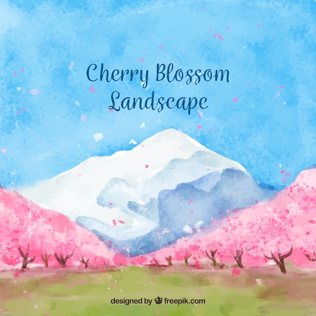 Free vector pretty watercolor landscape with cherry trees