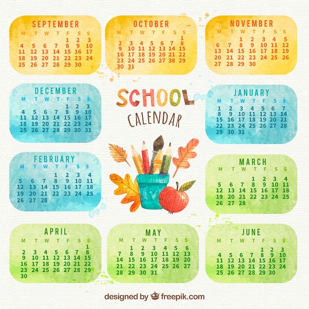 Довольно акварельный школьный календарь с элементами