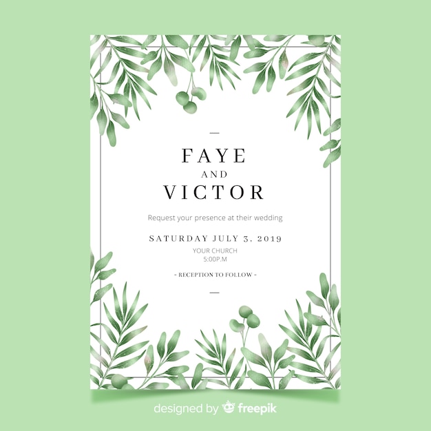 Pretty wedding invitation with watercolor leaves template