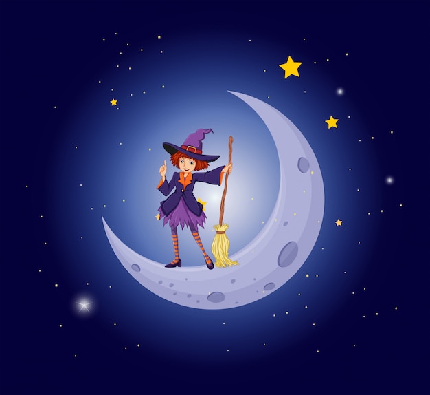 Free vector a pretty witch near the moon