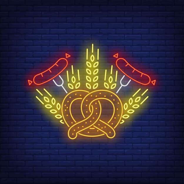 Free vector pretzel, sausages and barley ears neon sign