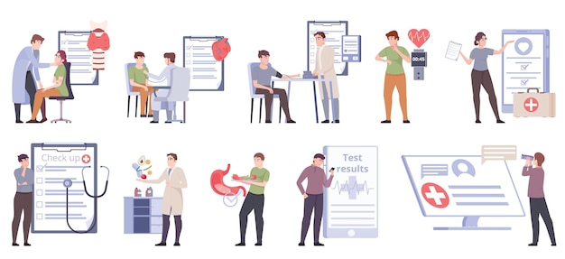 Free vector preventive medicine flat set with people having medical check up getting test results isolated vector illustration