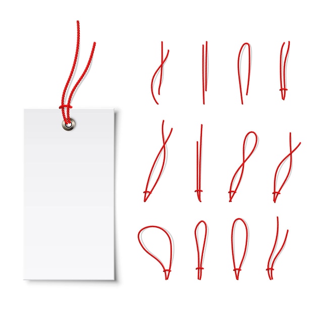 価格ラベル白いタグ紙空白のギフトカードタグ、白い背景で隔離のさまざまな赤い文字列