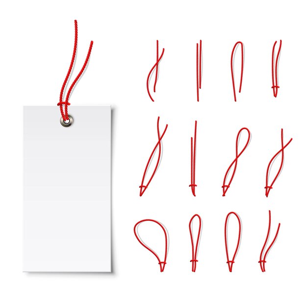 Price label white tag paper blank gift card tags with different red strings isolated on white background