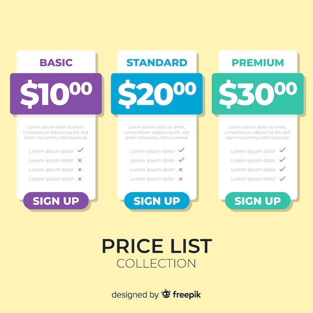 Free vector price list collection