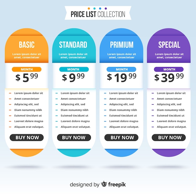 Free vector price list collection