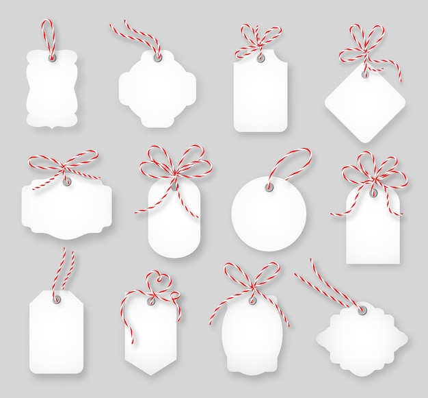 Price tags and gift cards tied up with twine bows set. Label paper, sale design, tring knot, vector illustration