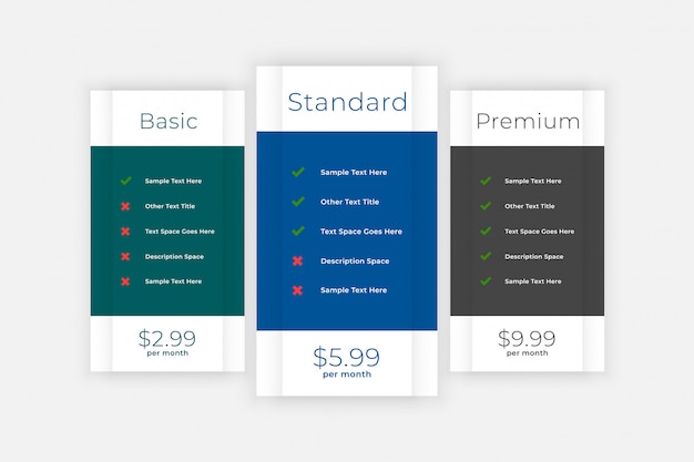 pricing table comparison box for website and app
