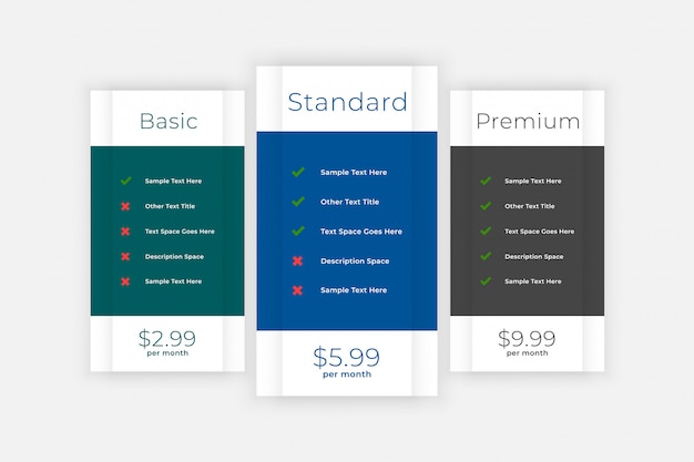 Free vector pricing table comparison box for website and app