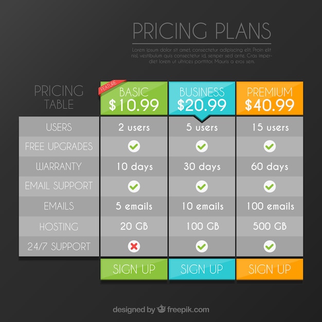 Free vector pricing table in flat design