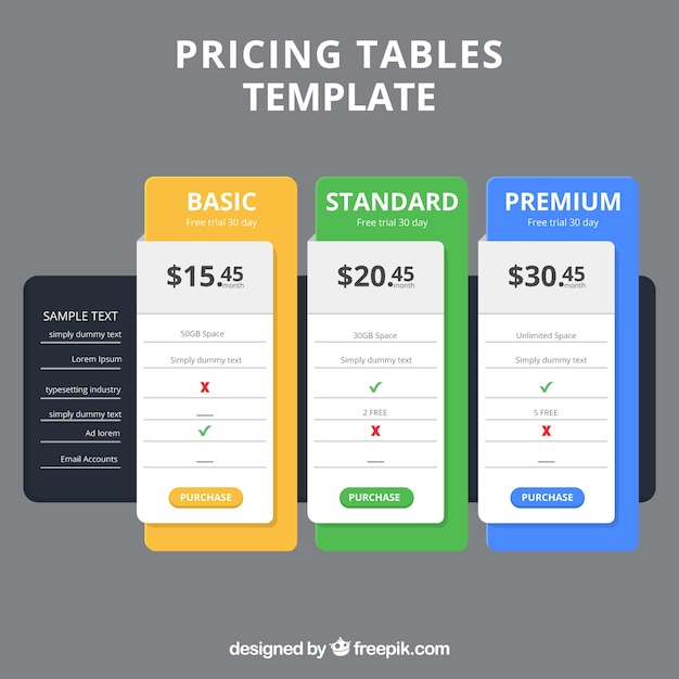 Free vector pricing table pack