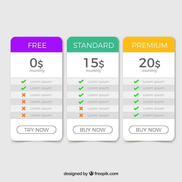 Free vector pricing table set