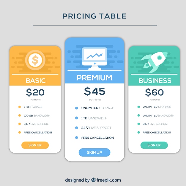 Free vector pricing table set