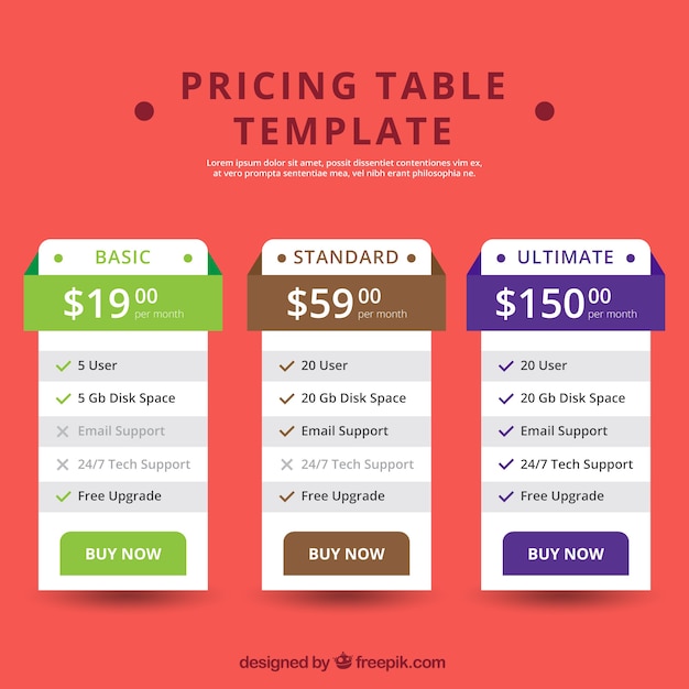 Pricing table template in flat design