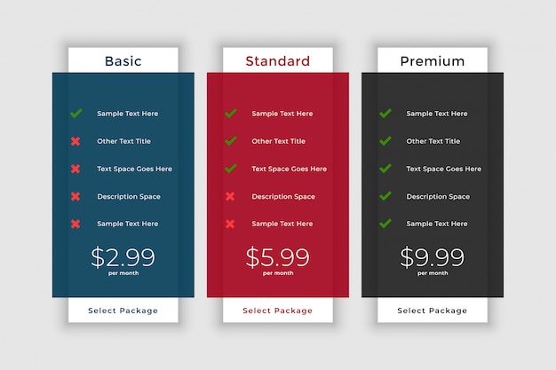 Free vector pricing table template for website and application