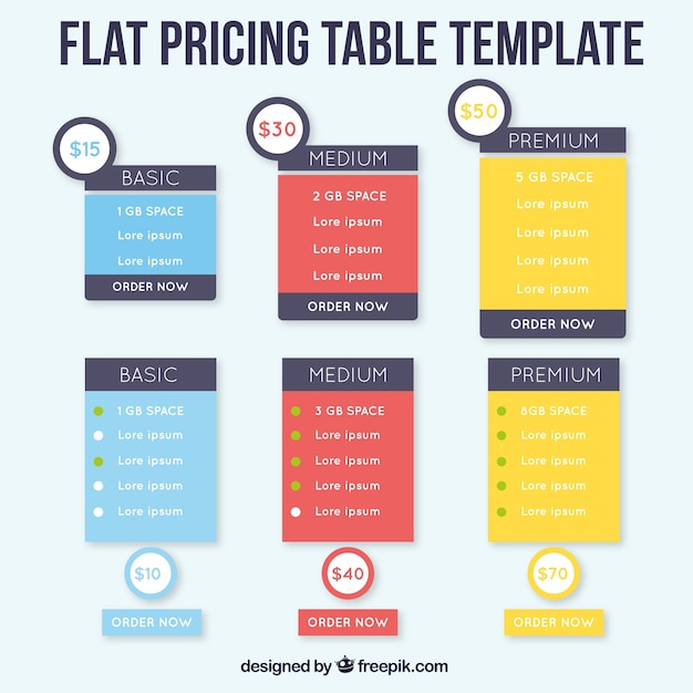 Vettore gratuito modelli di pricing tavoli in design piatto