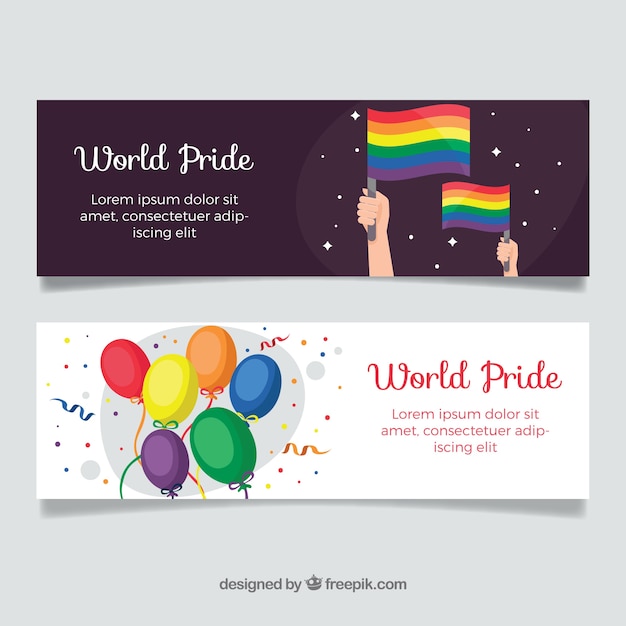 Free vector pride day banners with flags and balloons