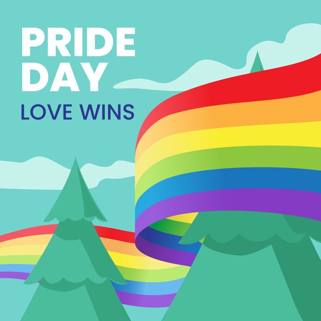 Pride day flag ribbon around trees background