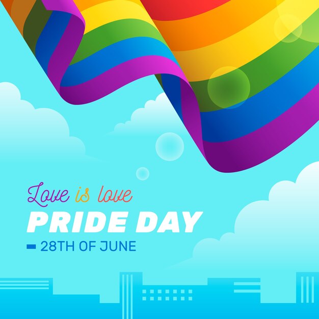 Pride day flag ribbon over city background