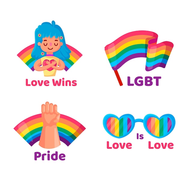 Free vector pride day labels with rainbow flags