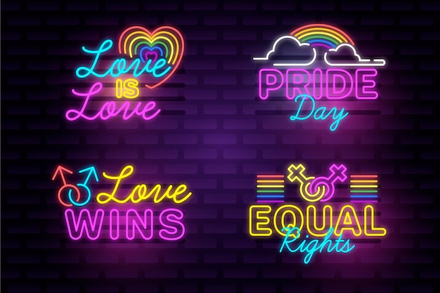 Free vector pride day neon signs pack