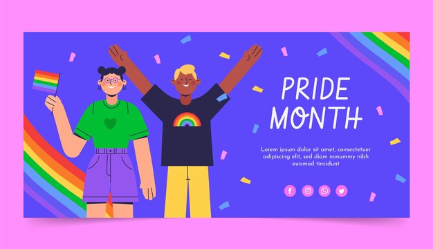 Vettore gratuito banner di orgoglio lgbt piatto disegnato a mano del mese di orgoglio