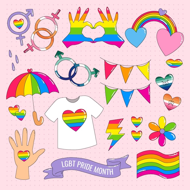 Free vector pride month hand drawn lgbt element collection