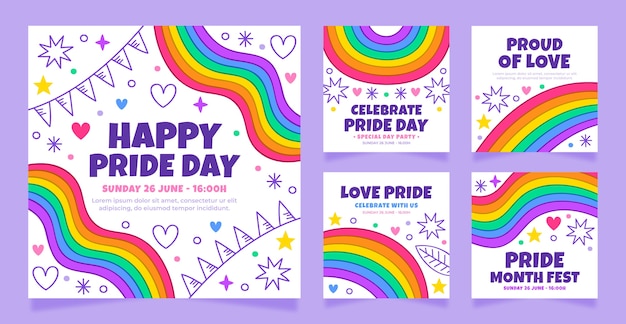 Free vector pride month with rainbows instagram posts