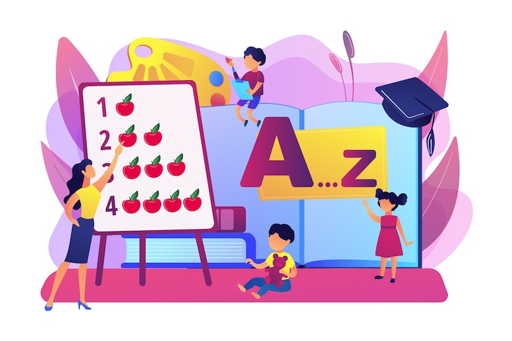 मुफ़्त वेक्टर primary school. elementary grade pupils studying arithmetic and alphabet. early education, early childhood program, early education center concept. bright vibrant violet  isolated illustration