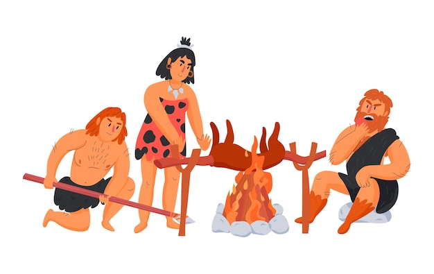 無料ベクター 暖炉のベクトル図で夕食を調理する古代の人々のグループと原始人の穴居人の構成