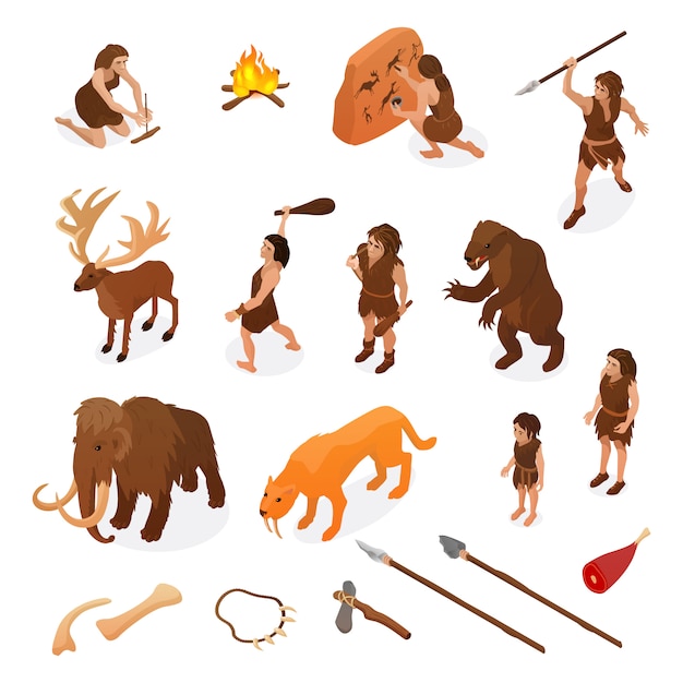 Primitive people life isometric set with hunting weapons starting fire rock painting dinosaur mammoth isolated illustration