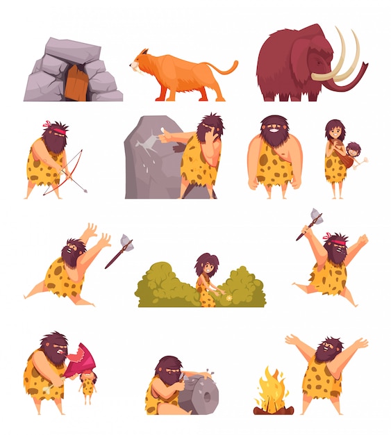 Primitive people in stone age cartoon icons set with cavemen pelt with weapon and ancient animals isolated