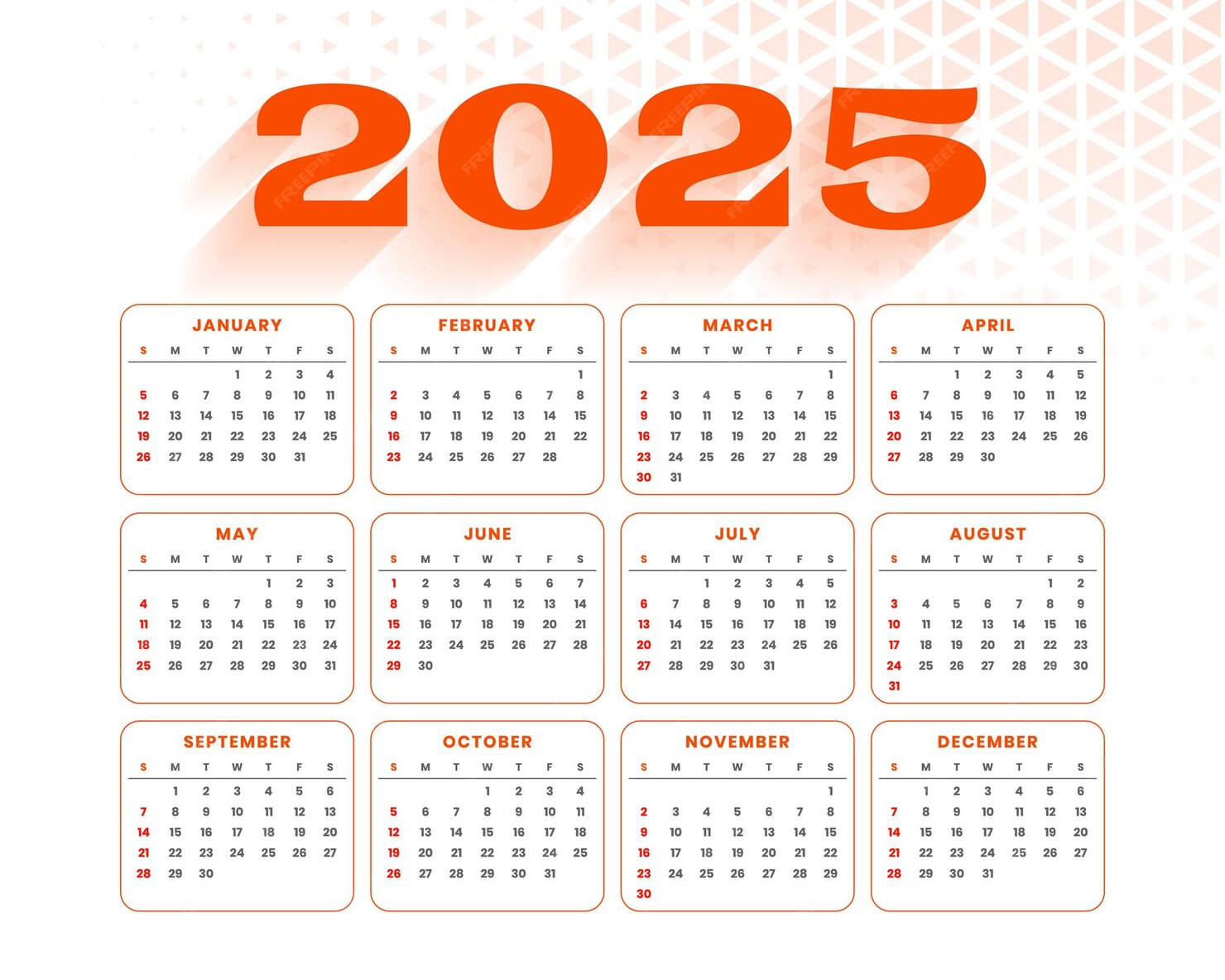 プリンタブル 2025 月刊カレンダーのテンプレート ホワイトオレンジ 無料のベクター