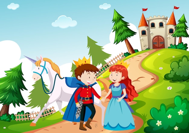 Free vector prince and princess in fairytale land scene