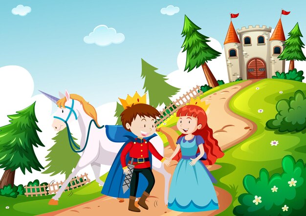Prince and princess in fairytale land scene