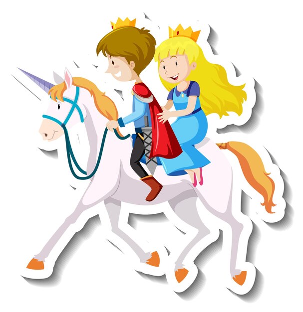 Prince and princess riding horse together cartoon sticker