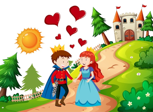 Prince and princess with the castle in nature scene