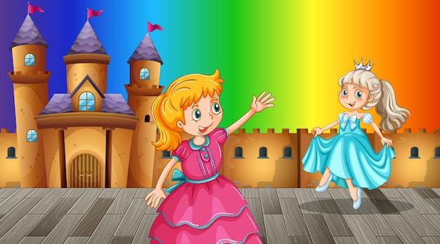 虹のグラデーションの背景にプリンセス漫画のキャラクター