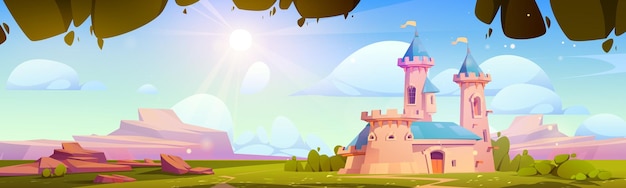 Бесплатное векторное изображение Принцесса замок сказочный пейзаж фон волшебная средневековая сказка королевство дворец здание на зеленой траве луга с скалой в долине фантазии летняя страна чудес природа с древним королевским замком