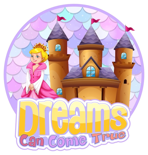 Free vector princess and castle with dreams can come true font banner