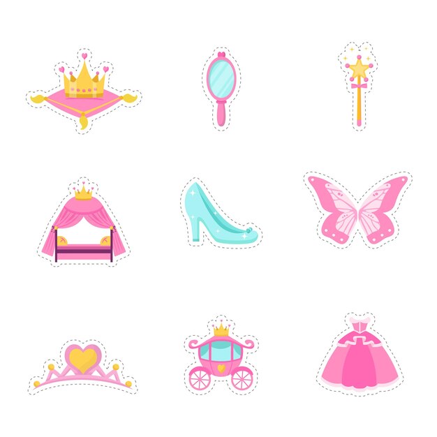 プリンセスアイテムセットピンクのおとぎ話アイコンコレクションドレスミラークラウンティアラキャリッジシューズ装飾ステッカー