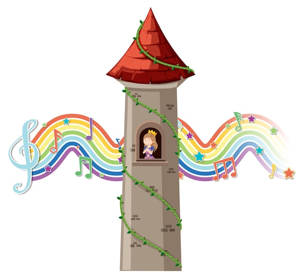 Princess in tower with melody symbol on rainbow wave