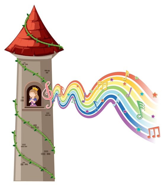 Princess in tower with melody symbol on rainbow wave