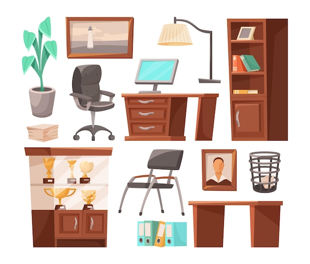 Free vector principal office interior elements vector illustrations set