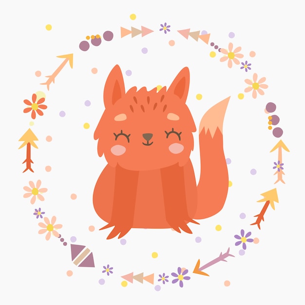 Free vector print fox in boho wreath