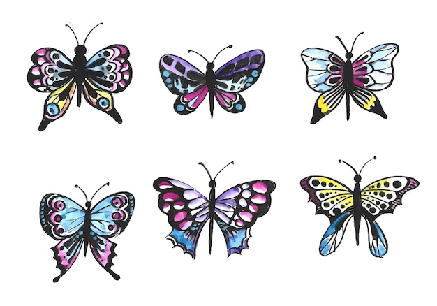 Printhand draw collection of pretty colorful butterflies watercolor design