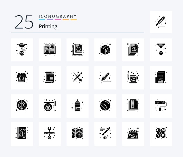 페이지 인쇄 눈금자 창고 상자를 포함하는 25개의 Solid Glyph 아이콘 팩 인쇄