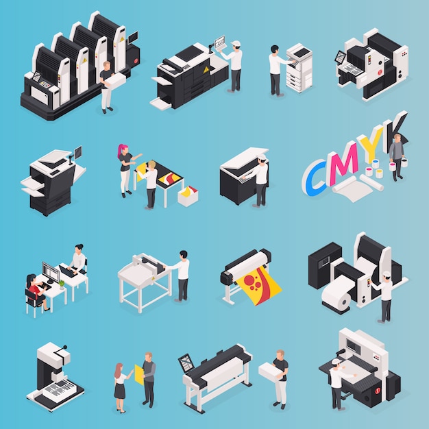 Free vector printing house icons set with polygraphy symbols isometric isolated